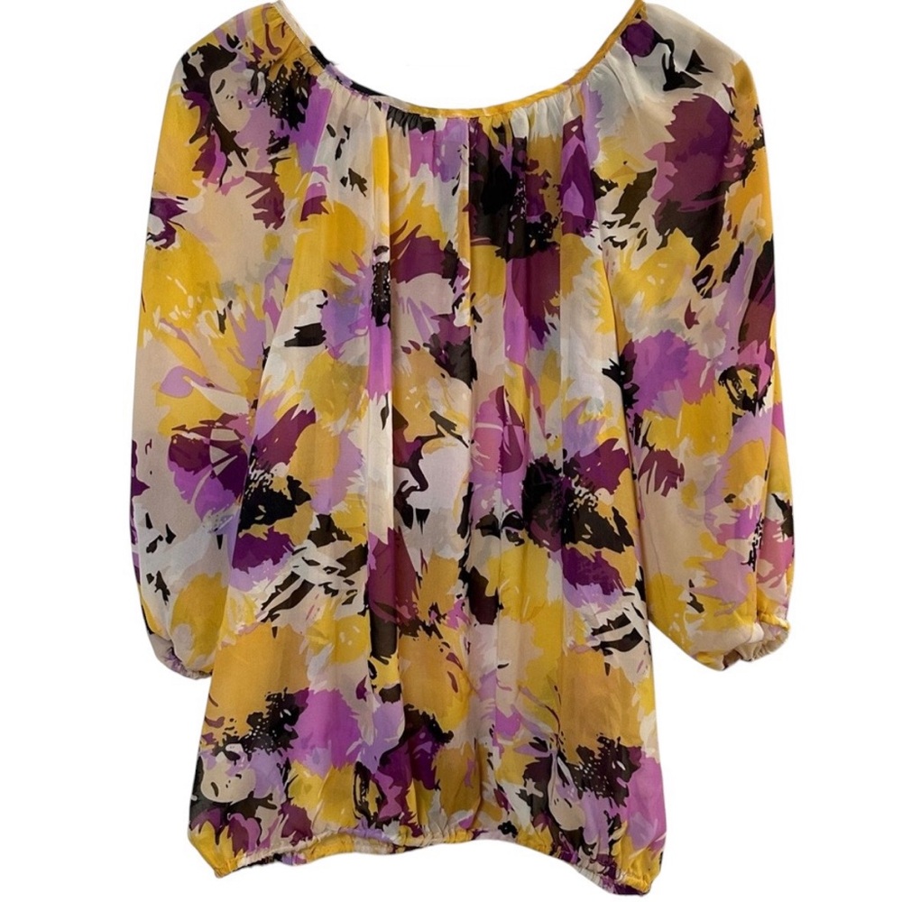 Ellen Tracy Ruched Floral Print 3/4 Sleeve V Neck Blouse Women’s Large